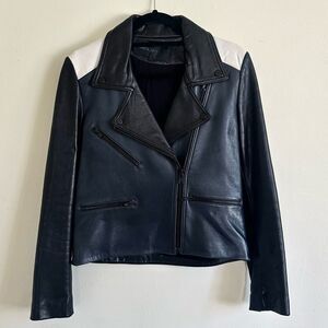 100% Lambskin American Retro Navy Black White and Navy Leather Jacket size 36